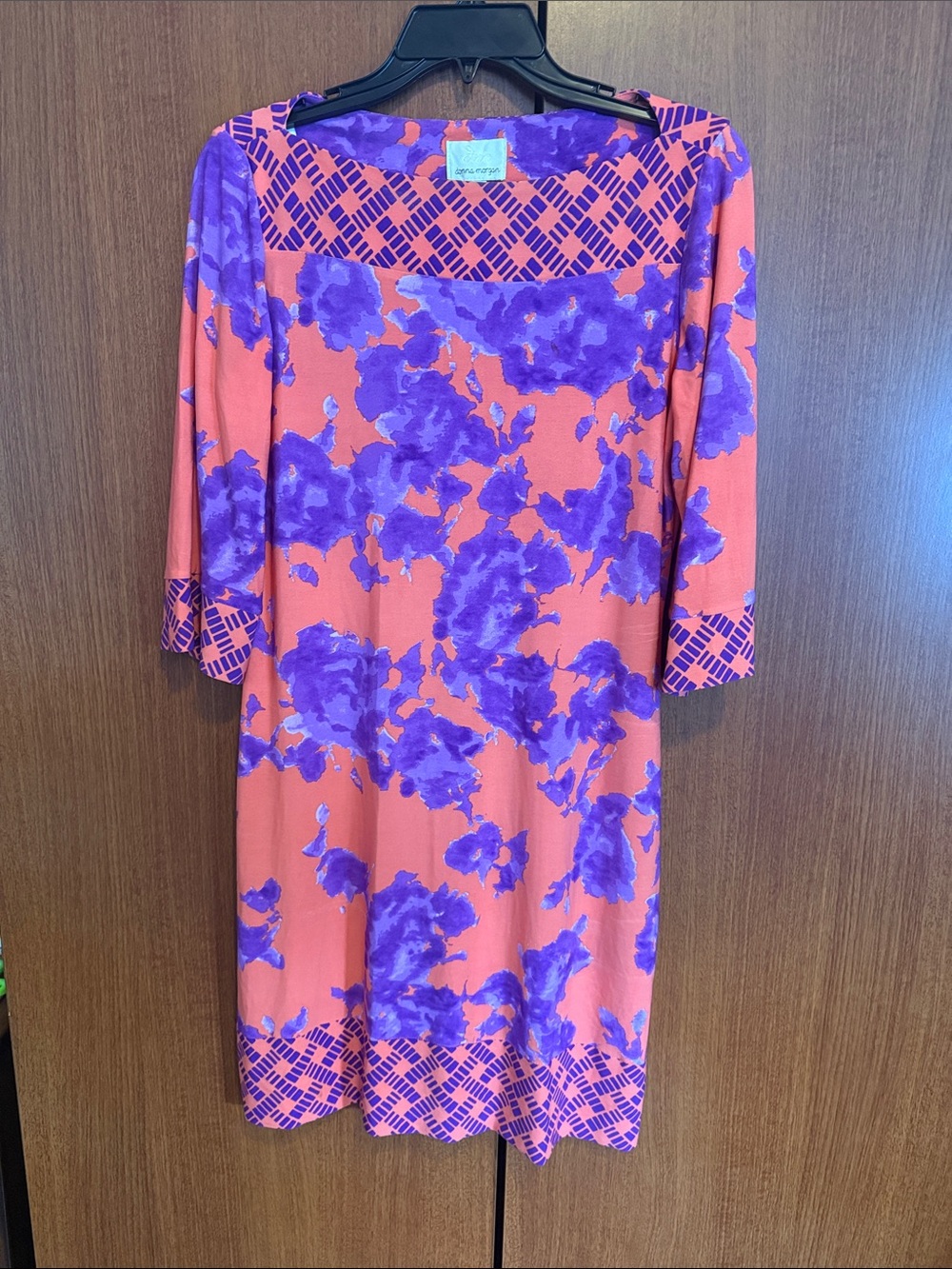 Donna Morgan Orange Coral and Purple Floral Shift Dress with Lattice Trim